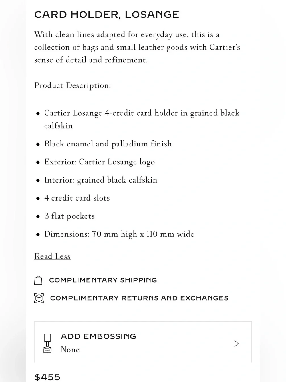 Cartier Losange Black Grained Calfskin Card Holder with Palladium Logo